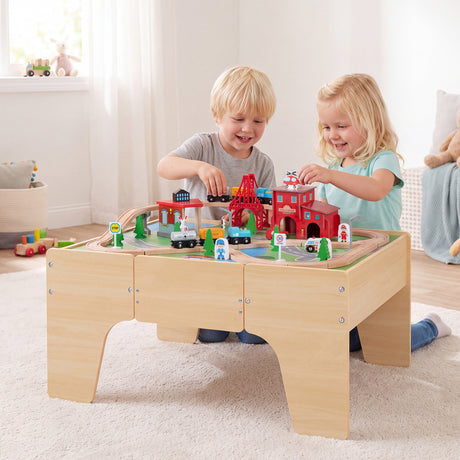 HONEY JOY 63-Piece Kids Wooden Train Table w/Storage Drawer