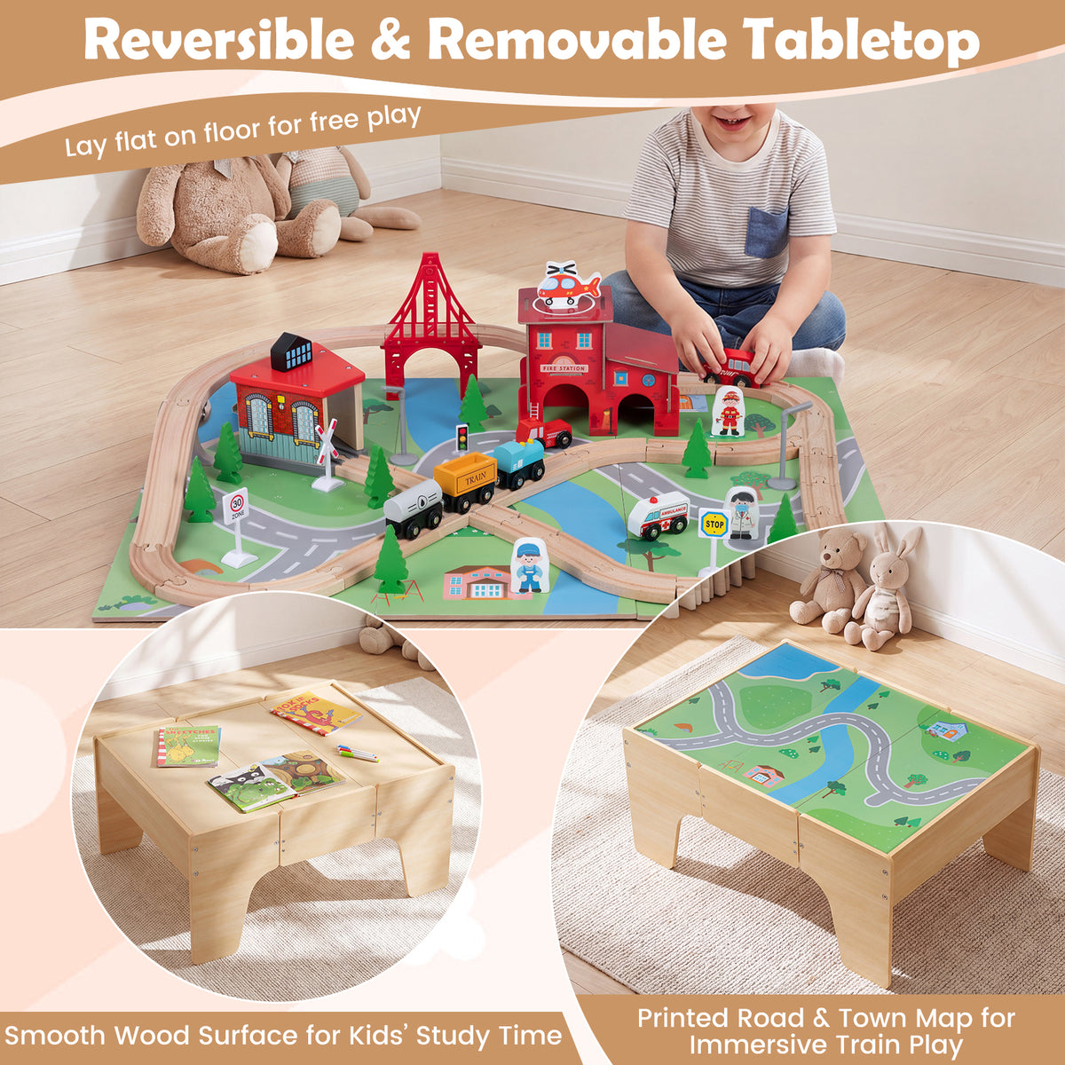 HONEY JOY 63-Piece Kids Wooden Train Table w/Storage Drawer