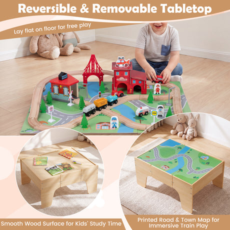 HONEY JOY 63-Piece Kids Wooden Train Table w/Storage Drawer