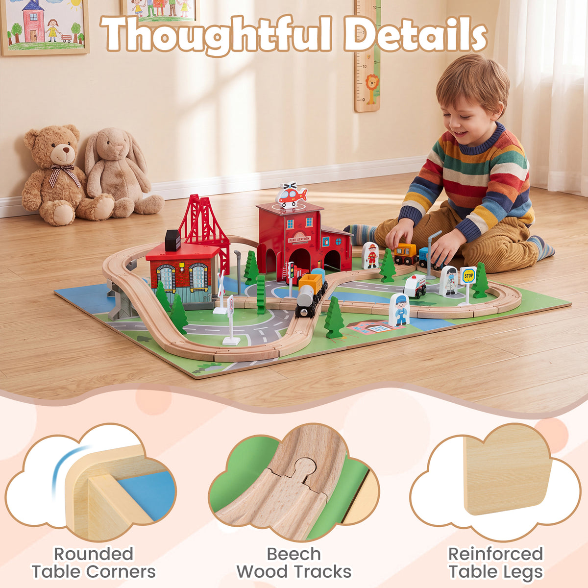 HONEY JOY 63-Piece Kids Wooden Train Table w/Storage Drawer