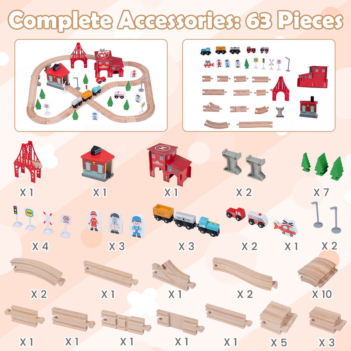 HONEY JOY 63-Piece Kids Wooden Train Table w/Storage Drawer