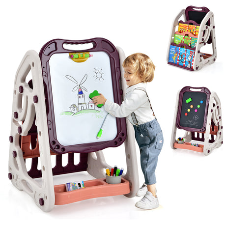 BABY JOY 3 in 1 Kids Art Easel, Double Sided Whiteboard & Chalkboard w/Book Storage Rack