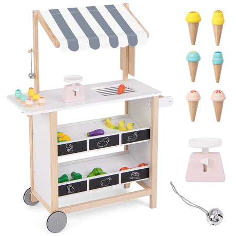 Kids Wooden Ice Cream Cart with Chalkboard & Storage