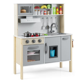 Children's play kitchen set with various accessories on a white background