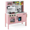 Children's play kitchen set with pink cabinets and white countertop on a white background