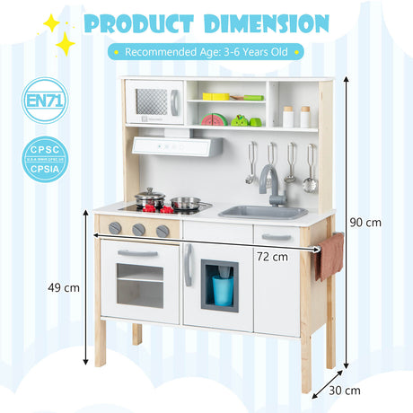 Children's play kitchen set with measurements on a light blue background