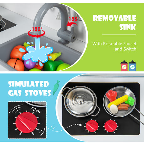 Children's play kitchen set with removable sink and simulated gas stoves.