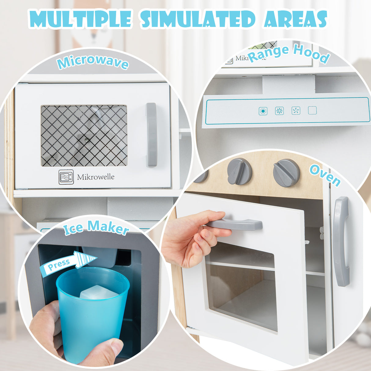 Collage of a toy kitchen set with microwave, range hood, and ice maker sections.