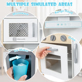 Collage of a toy kitchen set with microwave, range hood, and ice maker sections.