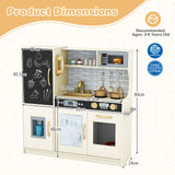 Children's play kitchen set with dimensions and safety certification logos on a white background