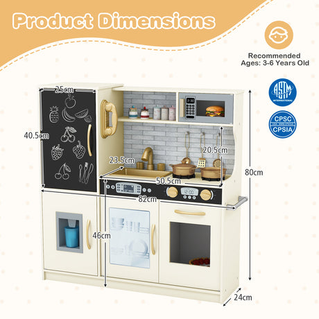 Children's play kitchen set with dimensions and safety certification logos on a white background