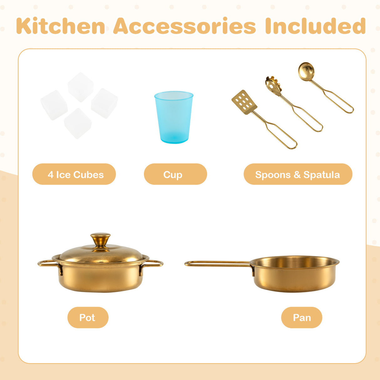 Kitchen accessories including a pot, pan, cup, ice cubes, and utensils on a beige background.