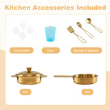 Kitchen accessories including a pot, pan, cup, ice cubes, and utensils on a beige background.