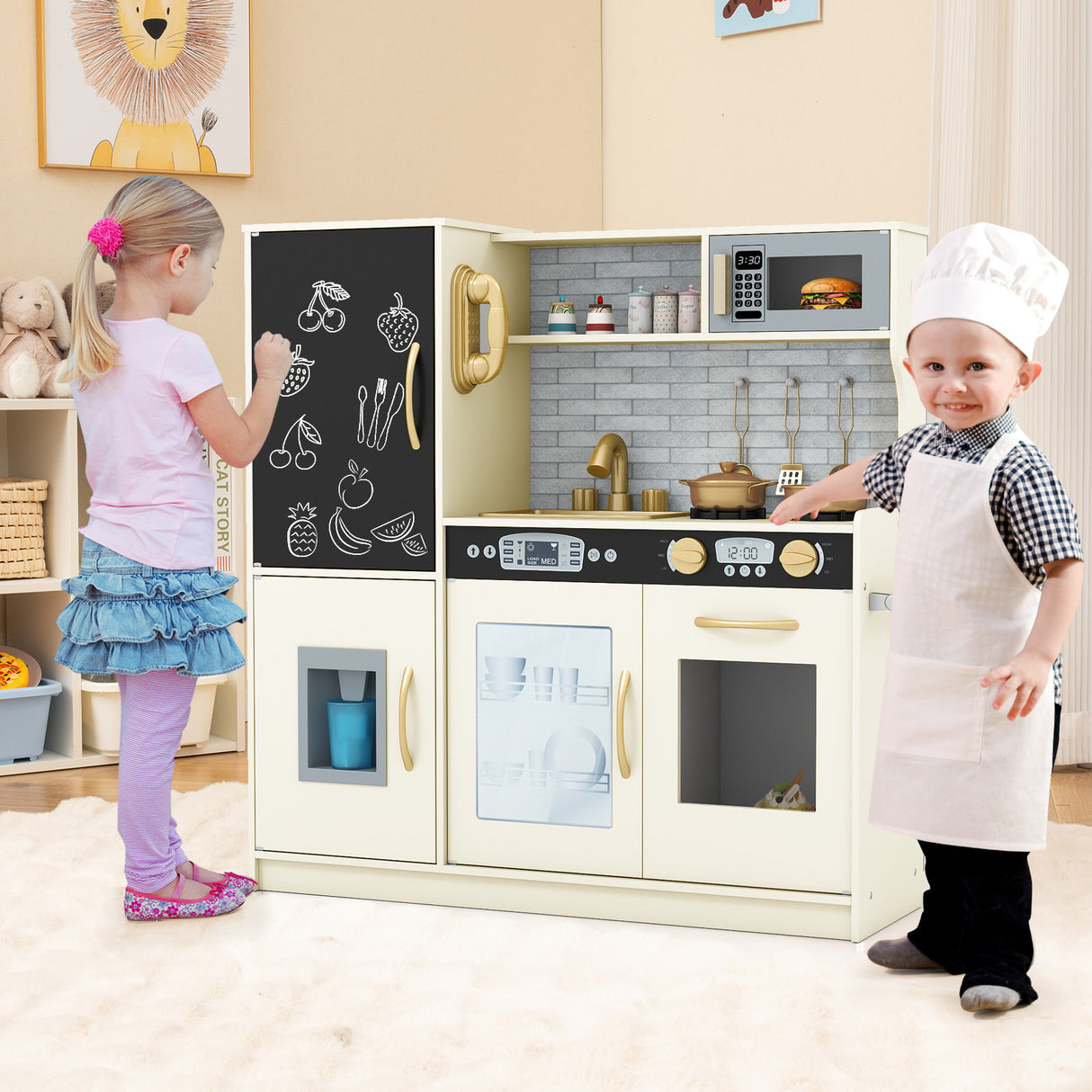 Children playing with a toy kitchen set in a room.