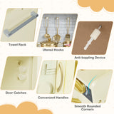 Collage of kitchen hardware components including a towel rack, utensil hooks, anti-toppling device, door catches, convenient handles, and smooth rounded corners.