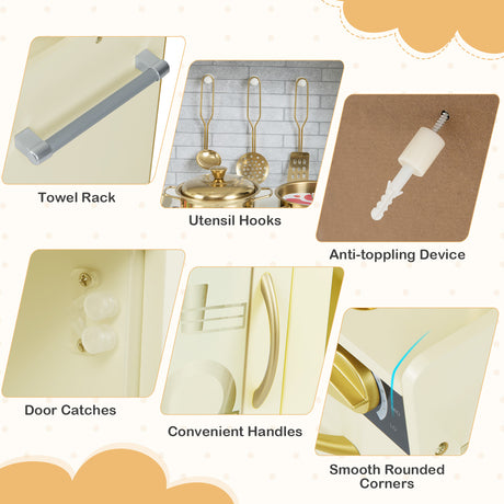 Collage of kitchen hardware components including a towel rack, utensil hooks, anti-toppling device, door catches, convenient handles, and smooth rounded corners.