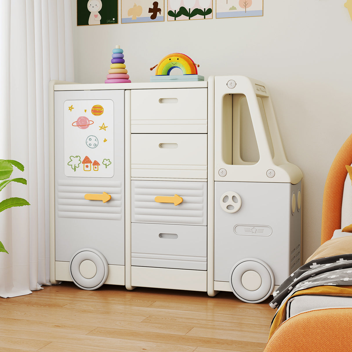 Kids Toy Storage Organizer, Bus-shaped Children Cabinet