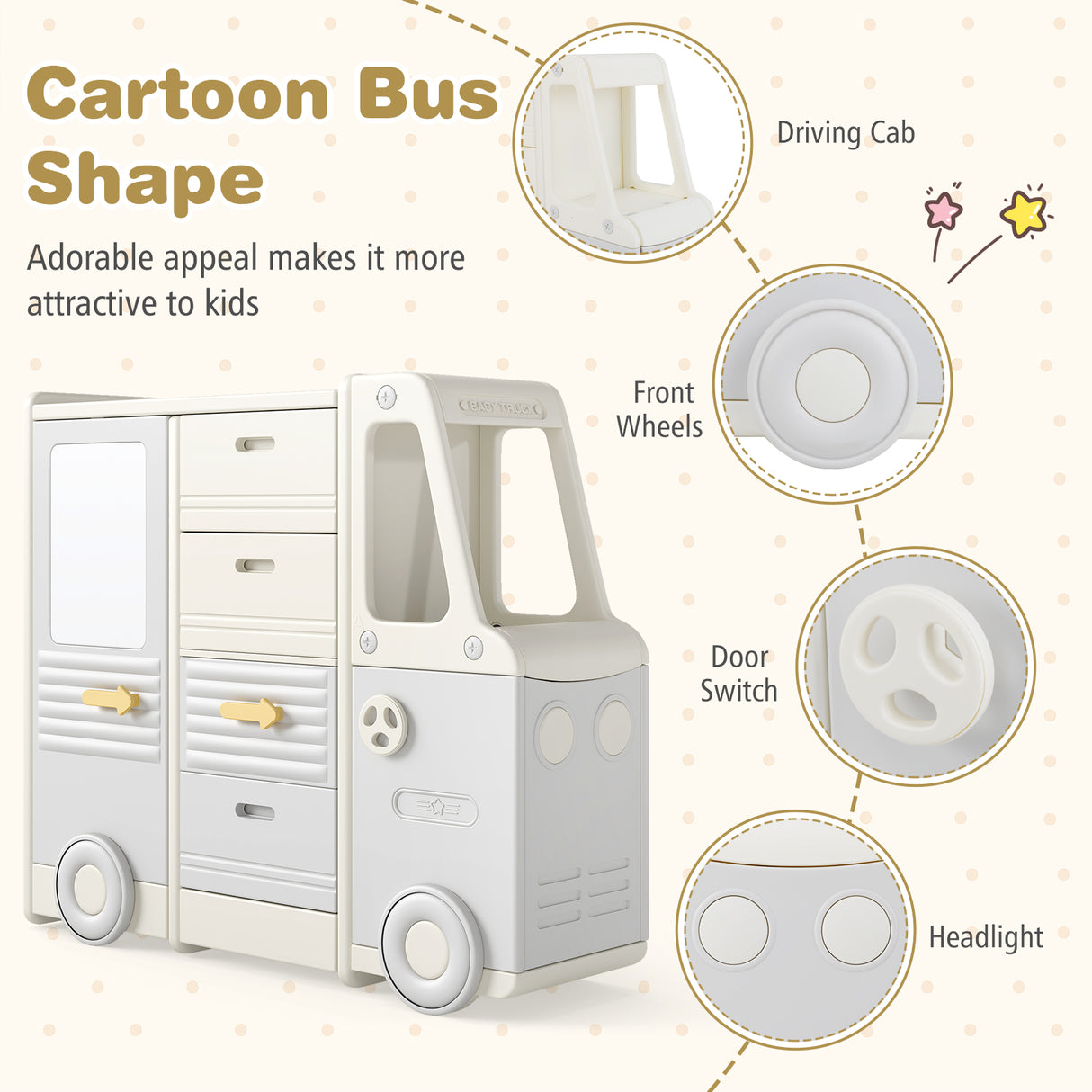 Kids Toy Storage Organizer, Bus-shaped Children Cabinet