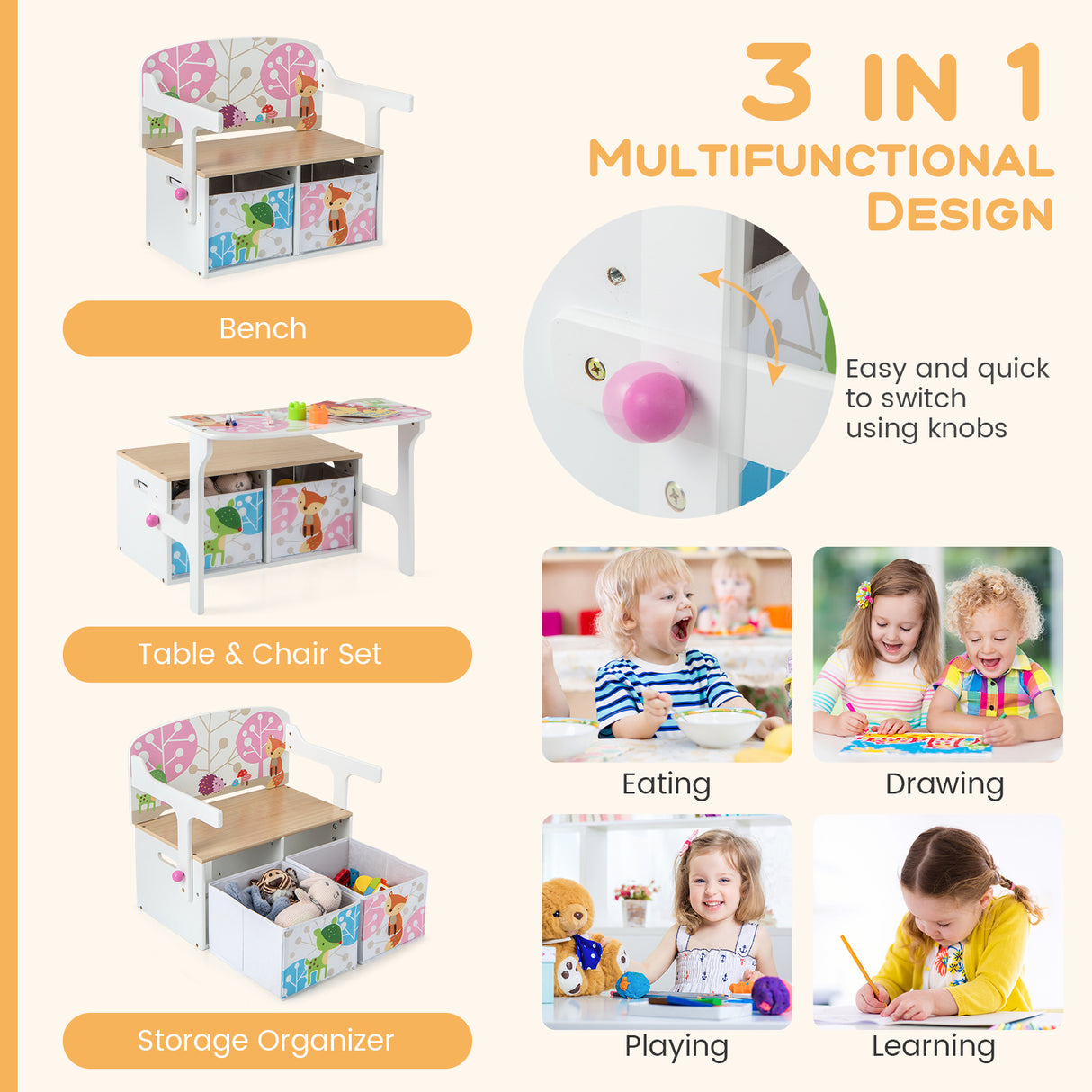 HONEY JOY 3 in 1 Kids Convertible Activity Bench, Children Table & Chair Set