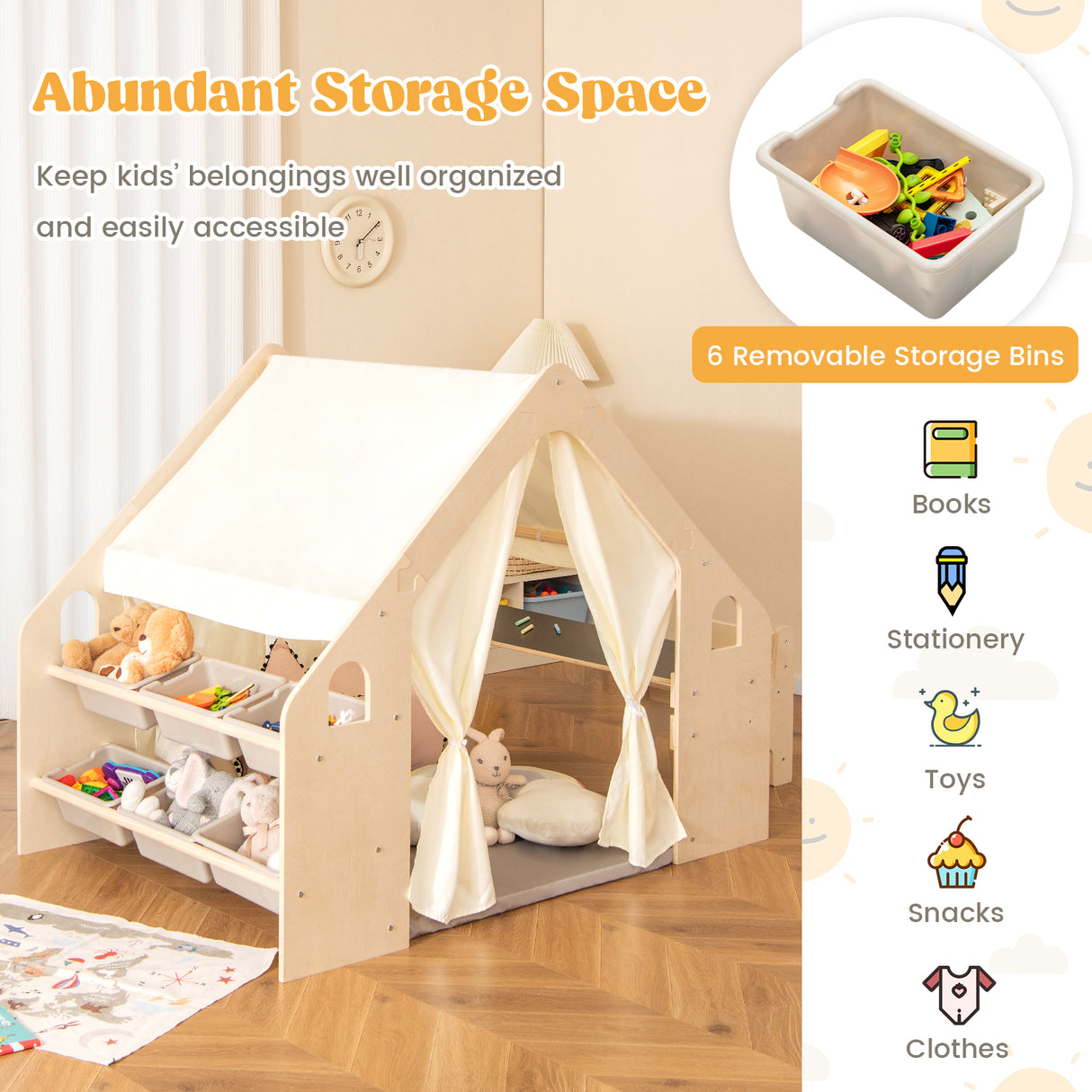 6-in-1 Kids Playhouse Wooden Indoor Play Tent, Large Play Tent Storage Rack with Wooden Frame & Curtains