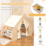6-in-1 Kids Playhouse Wooden Indoor Play Tent, Large Play Tent Storage Rack with Wooden Frame & Curtains