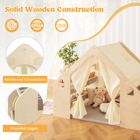 6-in-1 Kids Playhouse Wooden Indoor Play Tent, Large Play Tent Storage Rack with Wooden Frame & Curtains