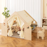 6-in-1 Kids Playhouse Wooden Indoor Play Tent, Large Play Tent Storage Rack with Wooden Frame & Curtains