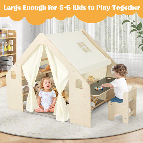 6-in-1 Kids Playhouse Wooden Indoor Play Tent, Large Play Tent Storage Rack with Wooden Frame & Curtains