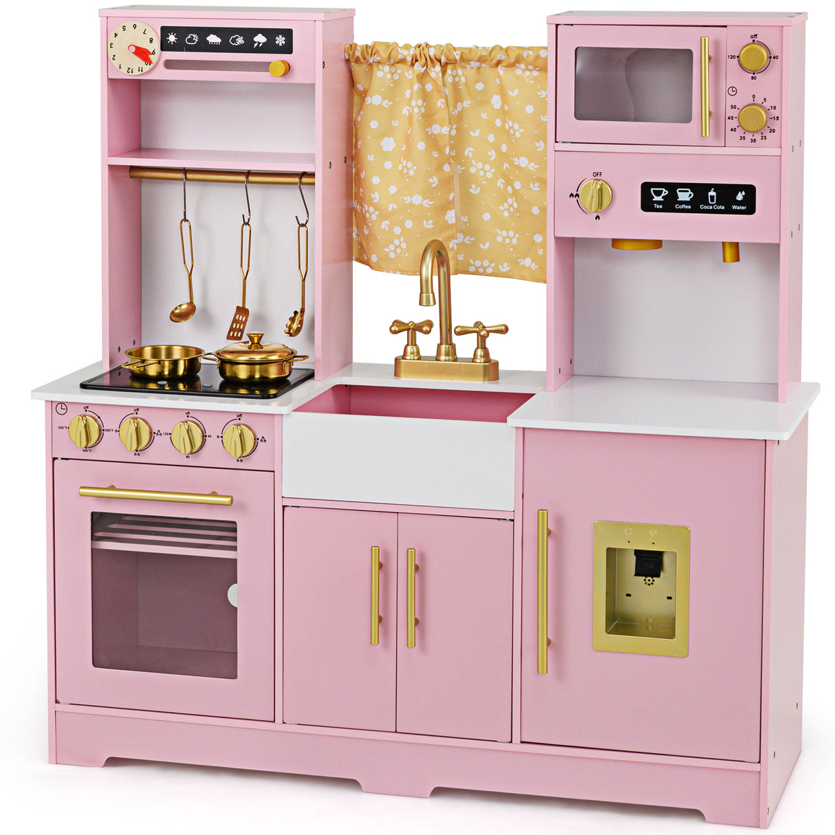 HONEY JOY Kids Pretend Play Kitchen, Kitchen Playset w/Coffee Maker, Sink, Faucet, Stove, Water Dispenser