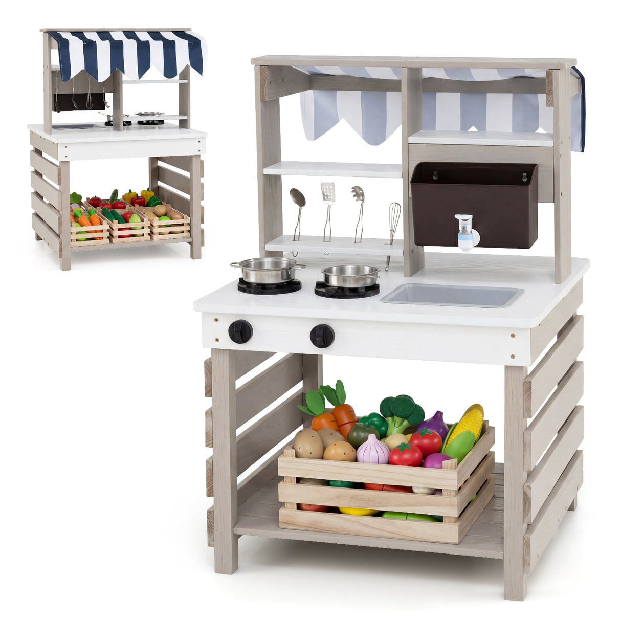 2-In-1 Double-Sided Kids Kitchen Playset Wooden Pretend Play Kitchen w/Canopy