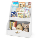White children's bookshelf with books and toys on a white background