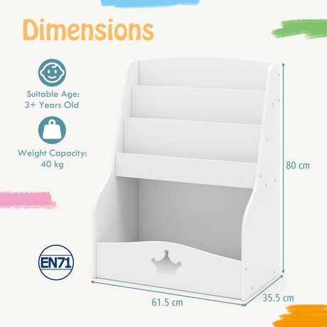 White children's bookshelf with dimensions and safety information on a white background