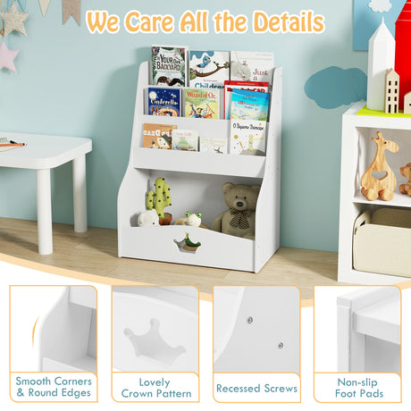 Children's bookshelf with books and toys in a room with a light blue wall.