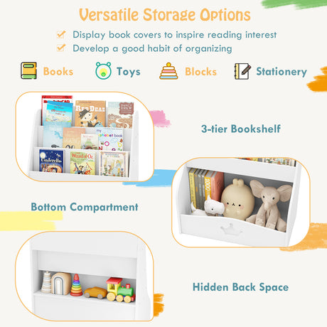 3-tier bookshelf with books, toys, and blocks on a white background