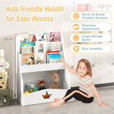 Children's bookshelf with books and toys, featuring a child reaching for a book.