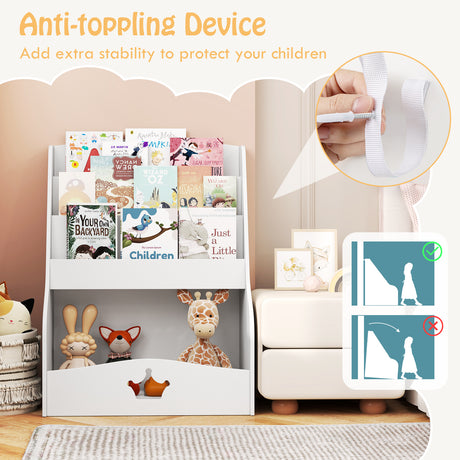 Children's bookshelf with anti-toppling device and safety illustrations