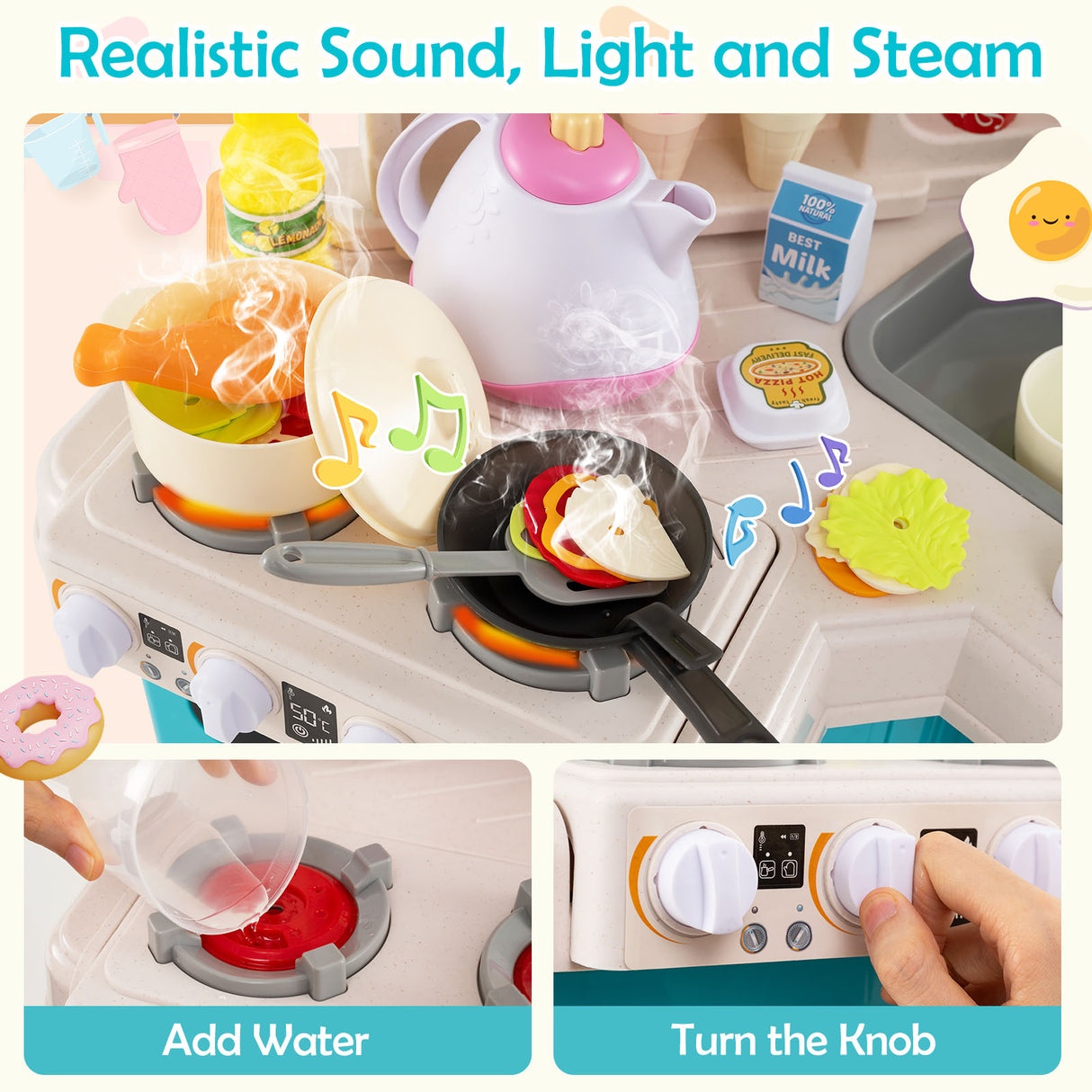 Kids Kitchen Playset, Corner Play Kitchen with Realistic Sounds and Lights, Cooking Stove with Steam