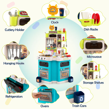 Kids Kitchen Playset, Corner Play Kitchen with Realistic Sounds and Lights, Cooking Stove with Steam