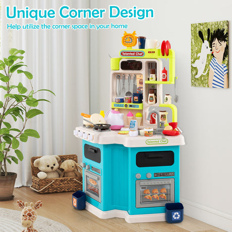 Kids Kitchen Playset, Corner Play Kitchen with Realistic Sounds and Lights, Cooking Stove with Steam