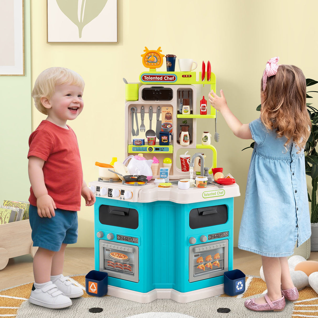 Kids Kitchen Playset, Corner Play Kitchen with Realistic Sounds and Lights, Cooking Stove with Steam