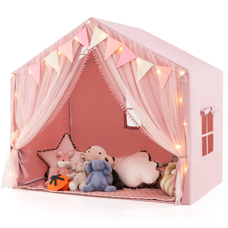 Kids Play Tent, 3-4 Kids Large Play Tent House w/Fabric & Screen Curtains, Star Lights, Plaid Pennants