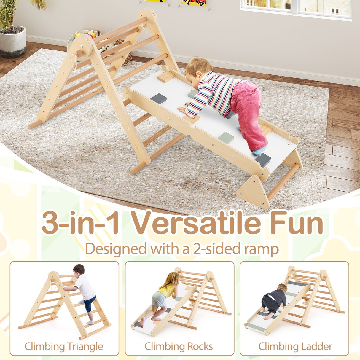 HONEY JOY 3-in-1 Pikler Triangle Climbing Set, Kids Montessori Climbing Toys w/Dual-Side Ramp & Adjustable Climbing Triangle