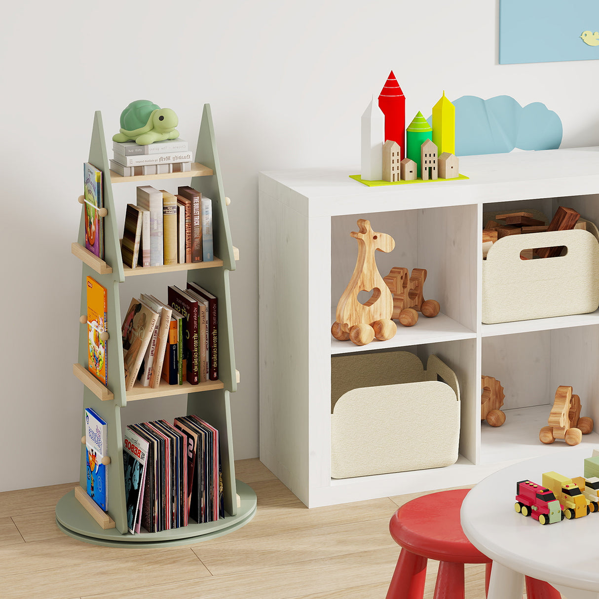 Baby Joy 4 Tier Tree Shape Revolving Bookcase, Freestanding 360° Display Rack Storage Organizer