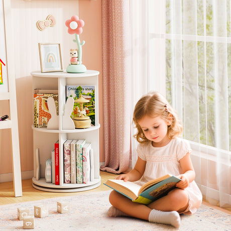 Child reading a book in a cozy room with a bookshelf and window.