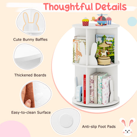 Kids Rotating Bookshelf, Cute 2-tier Kids Bookcase with Bookends & 8 Compartments