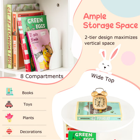 Kids Rotating Bookshelf, Cute 2-tier Kids Bookcase with Bookends & 8 Compartments