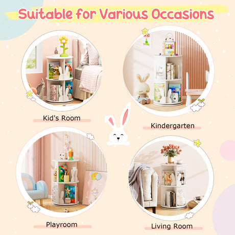 Kids Rotating Bookshelf, Cute 2-tier Kids Bookcase with Bookends & 8 Compartments