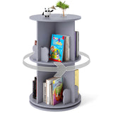 Kids Rotating Bookshelf, Cute 2-tier Kids Bookcase with Bookends & 8 Compartments