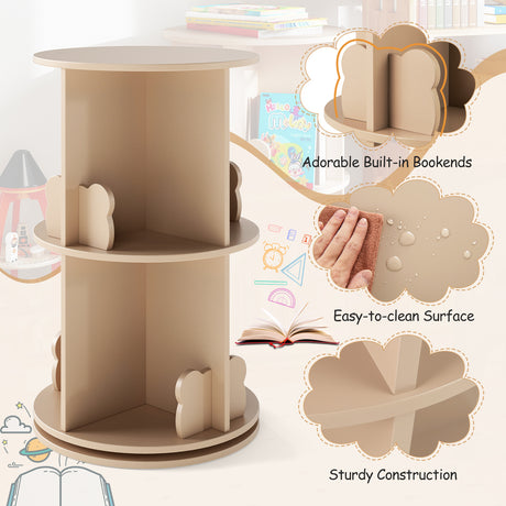 Kids Rotating Bookshelf, Cute 2-tier Kids Bookcase with Bookends & 8 Compartments