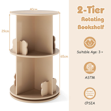 Kids Rotating Bookshelf, Cute 2-tier Kids Bookcase with Bookends & 8 Compartments